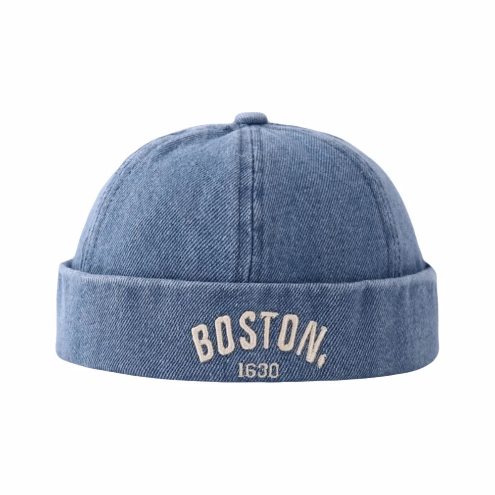 Washed Denim Baby Brimless Hat Adjustable Letter Embroidered Children Melon Beanie Solid Color Drawstring Closure Landlord Cap