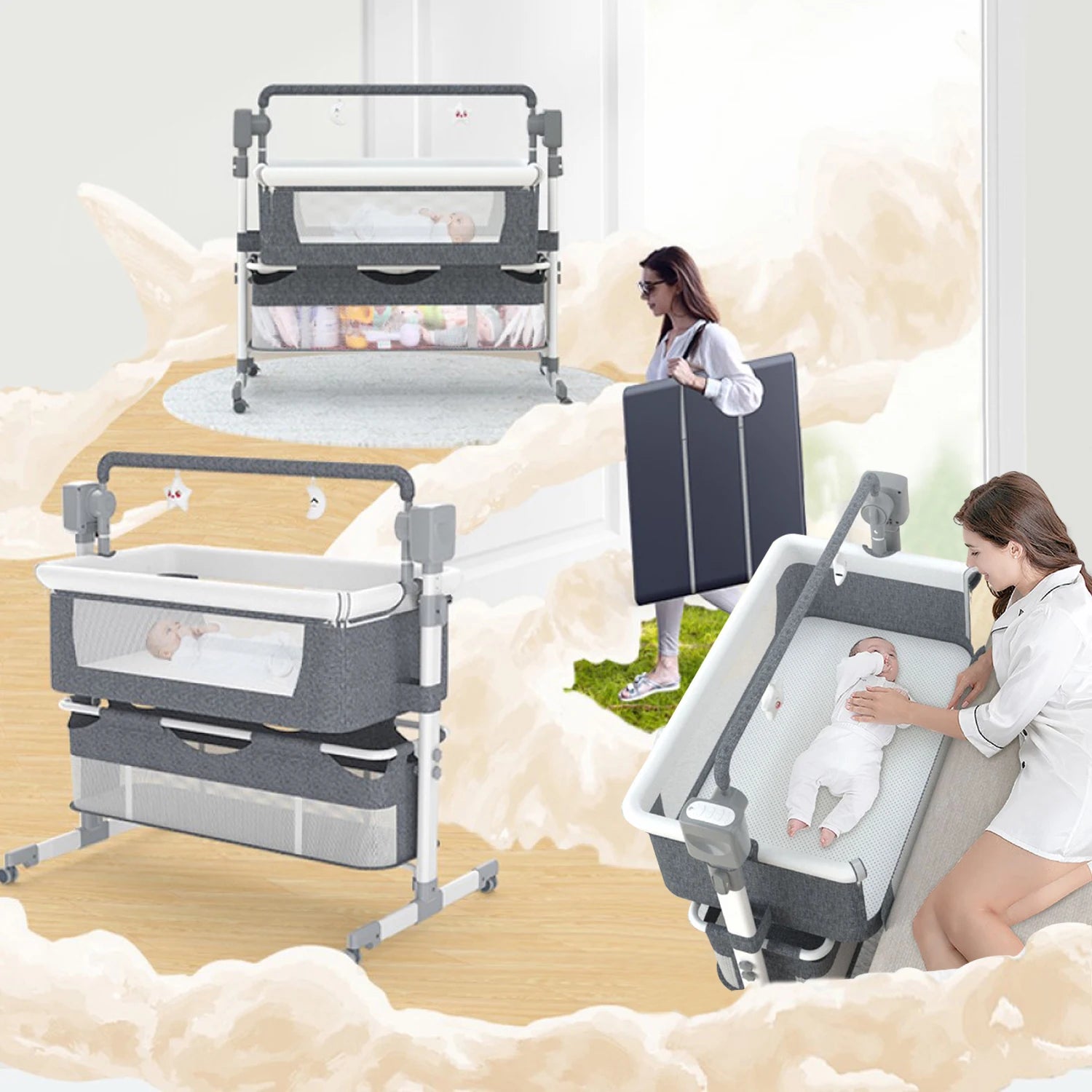White portable rocking bedside bassinet with mesh sides