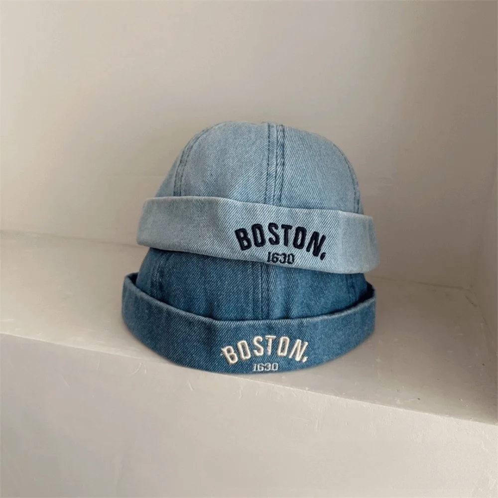 Washed Denim Baby Brimless Hat Adjustable Letter Embroidered Children Melon Beanie Solid Color Drawstring Closure Landlord Cap
