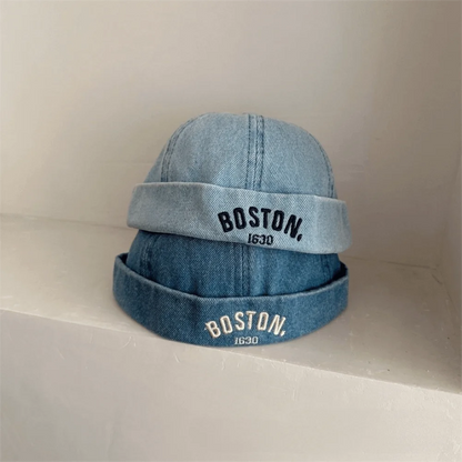 Washed Denim Baby Brimless Hat Adjustable Letter Embroidered Children Melon Beanie Solid Color Drawstring Closure Landlord Cap