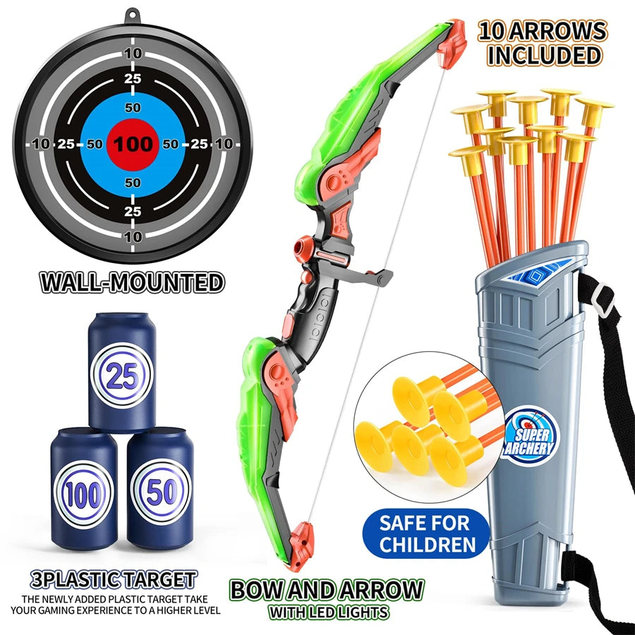 LED Light-Up Kids Archery Set — 10 Suction Arrows, Target & Quiver (Ages 4–12)