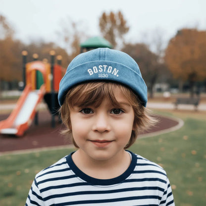 Washed Denim Baby Brimless Hat Adjustable Letter Embroidered Children Melon Beanie Solid Color Drawstring Closure Landlord Cap