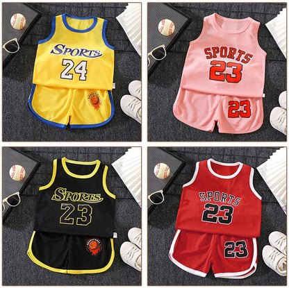 Kids Sports Set for Boys and Girls Baby Basketball Jersey Summer Mesh Tank Top Shorts Quick Dry Set Summer Sportswear