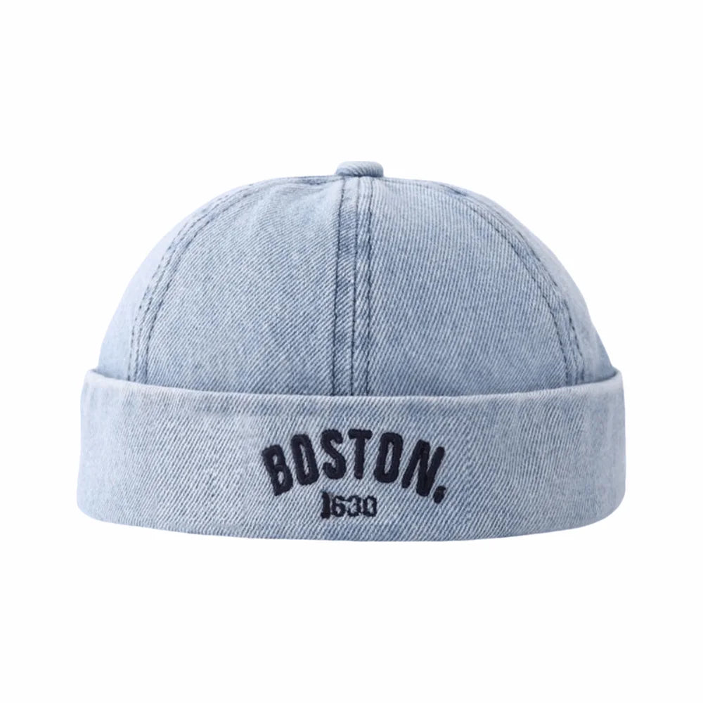 Washed Denim Baby Brimless Hat Adjustable Letter Embroidered Children Melon Beanie Solid Color Drawstring Closure Landlord Cap