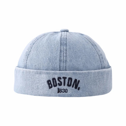 Washed Denim Baby Brimless Hat Adjustable Letter Embroidered Children Melon Beanie Solid Color Drawstring Closure Landlord Cap