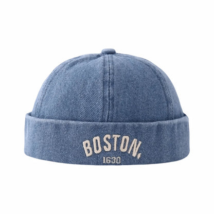 Washed Denim Baby Brimless Hat Adjustable Letter Embroidered Children Melon Beanie Solid Color Drawstring Closure Landlord Cap