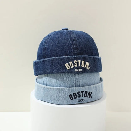 Washed Denim Baby Brimless Hat Adjustable Letter Embroidered Children Melon Beanie Solid Color Drawstring Closure Landlord Cap