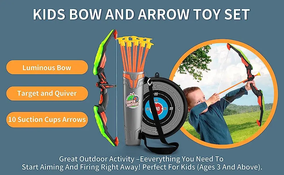 LED Light-Up Kids Archery Set — 10 Suction Arrows, Target & Quiver (Ages 4–12)