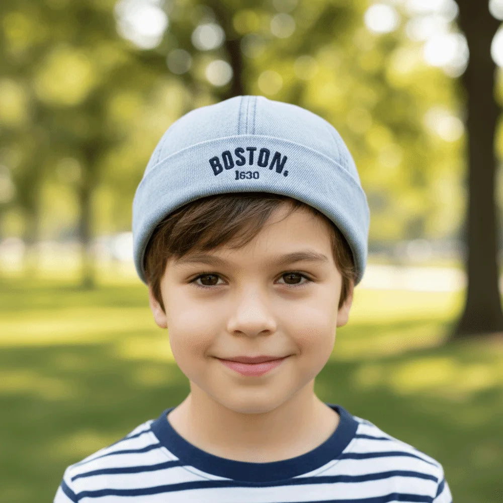 Washed Denim Baby Brimless Hat Adjustable Letter Embroidered Children Melon Beanie Solid Color Drawstring Closure Landlord Cap