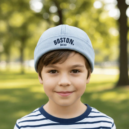 Washed Denim Baby Brimless Hat Adjustable Letter Embroidered Children Melon Beanie Solid Color Drawstring Closure Landlord Cap