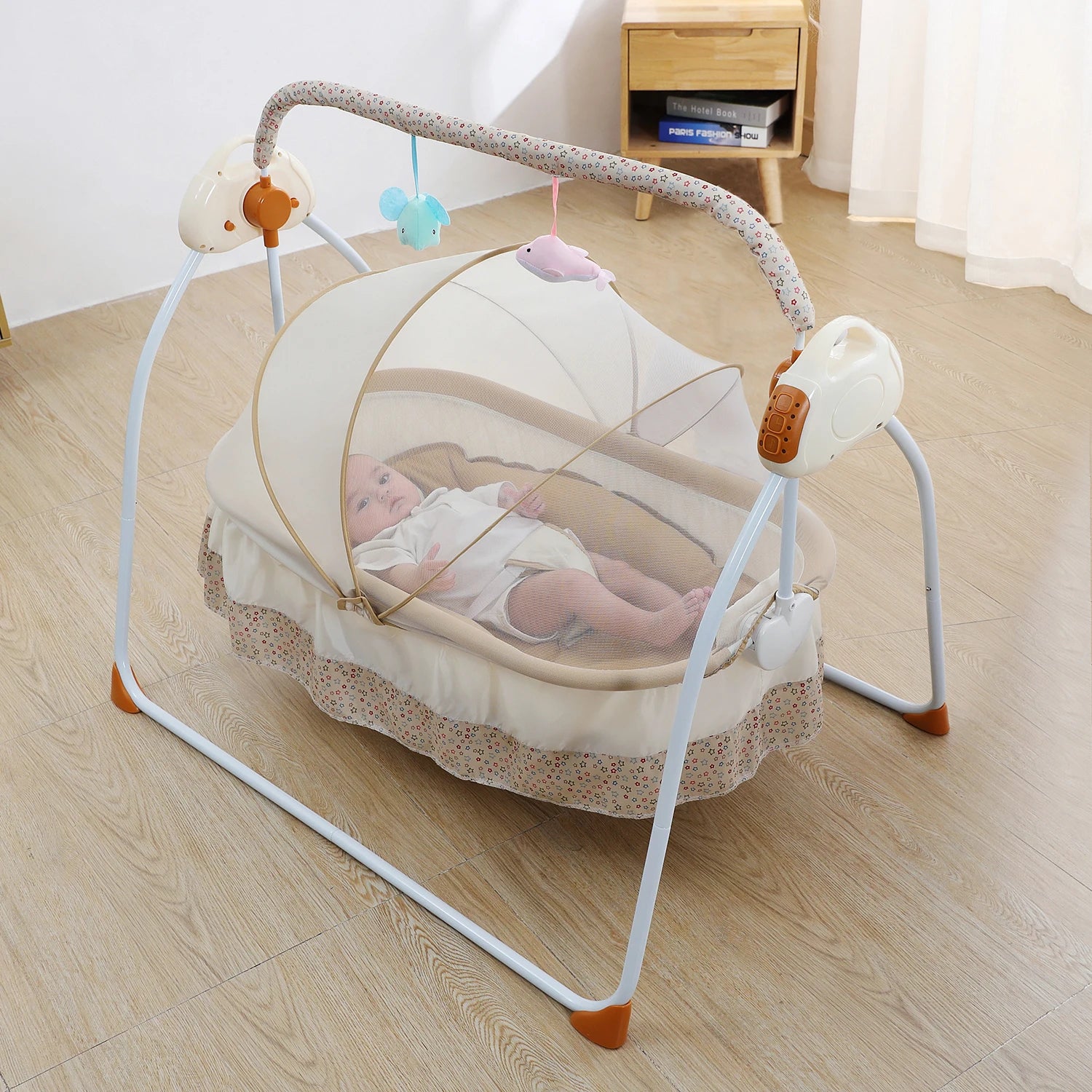 Beige electric baby swing cradle with canopy and remote control