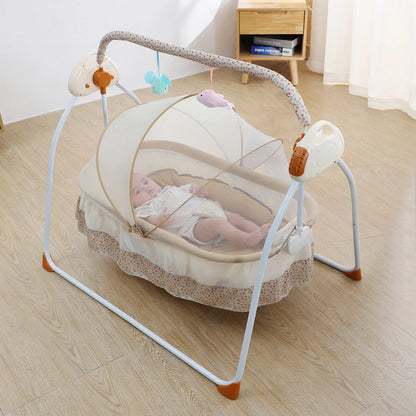 Beige electric baby swing cradle with canopy and remote control