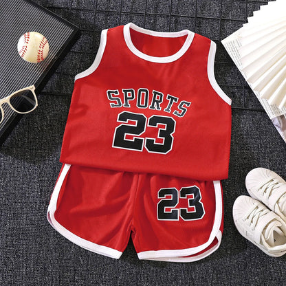 Kids Sports Set for Boys and Girls Baby Basketball Jersey Summer Mesh Tank Top Shorts Quick Dry Set Summer Sportswear