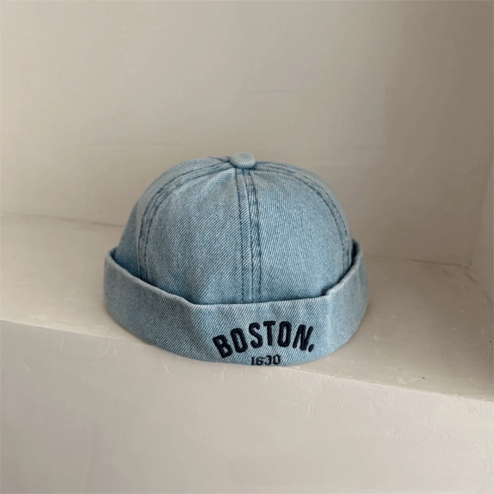 Washed Denim Baby Brimless Hat Adjustable Letter Embroidered Children Melon Beanie Solid Color Drawstring Closure Landlord Cap