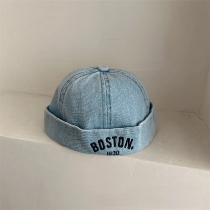 Washed Denim Baby Brimless Hat Adjustable Letter Embroidered Children Melon Beanie Solid Color Drawstring Closure Landlord Cap
