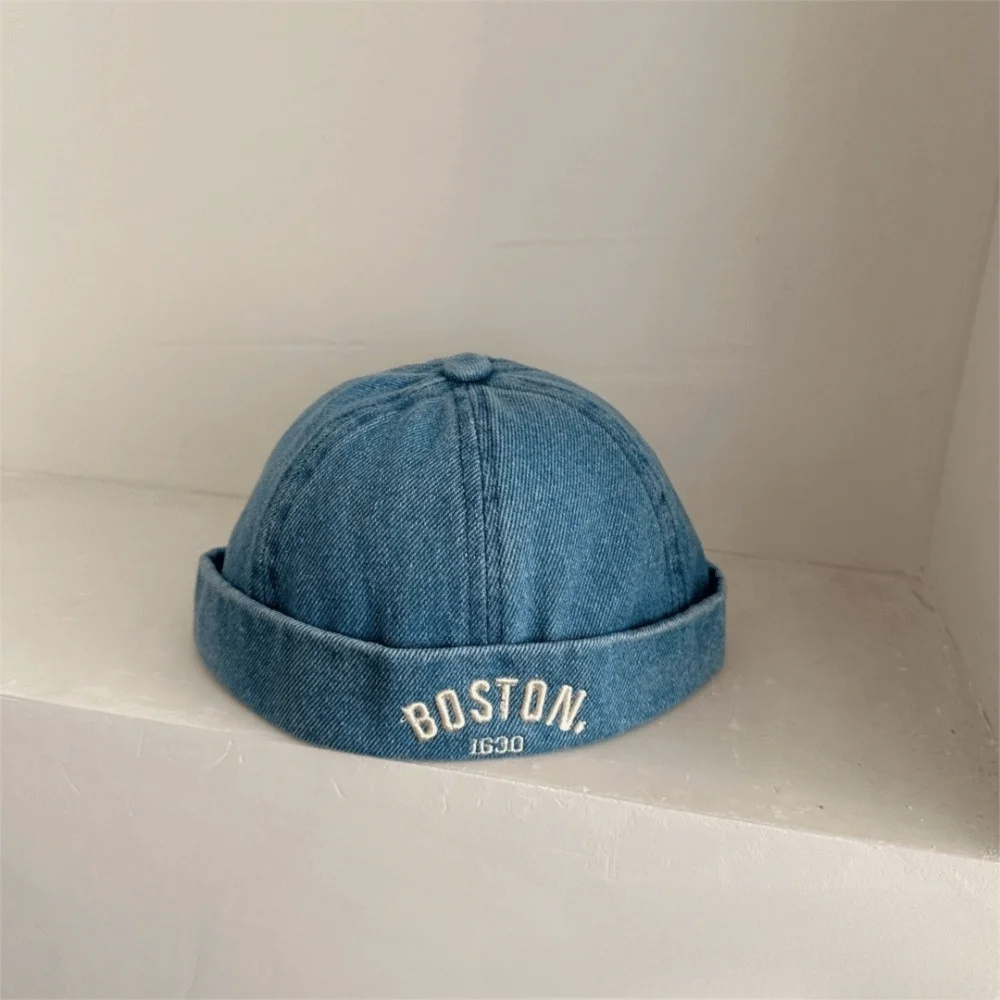 Washed Denim Baby Brimless Hat Adjustable Letter Embroidered Children Melon Beanie Solid Color Drawstring Closure Landlord Cap