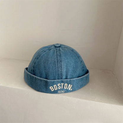 Washed Denim Baby Brimless Hat Adjustable Letter Embroidered Children Melon Beanie Solid Color Drawstring Closure Landlord Cap