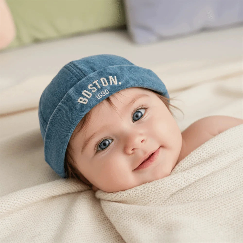 Washed Denim Baby Brimless Hat Adjustable Letter Embroidered Children Melon Beanie Solid Color Drawstring Closure Landlord Cap