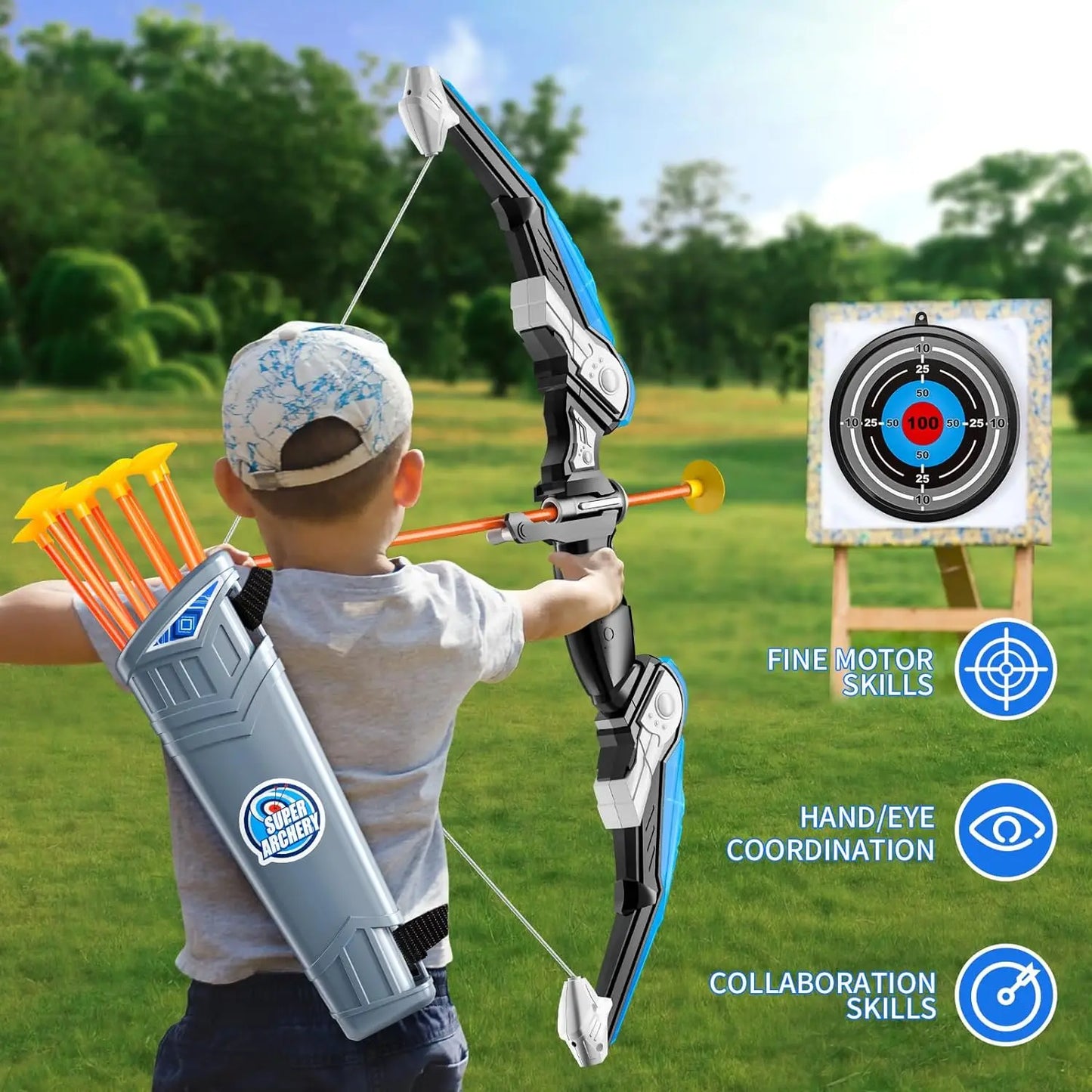 LED Light-Up Kids Archery Set — 10 Suction Arrows, Target & Quiver (Ages 4–12)