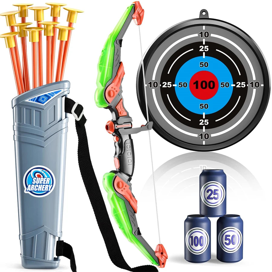 LED Light-Up Kids Archery Set — 10 Suction Arrows, Target & Quiver (Ages 4–12)
