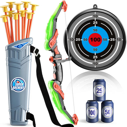 LED Light-Up Kids Archery Set — 10 Suction Arrows, Target & Quiver (Ages 4–12)