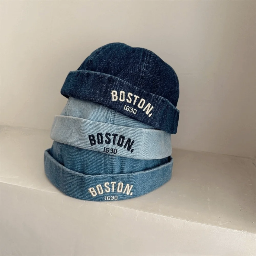 Washed Denim Baby Brimless Hat Adjustable Letter Embroidered Children Melon Beanie Solid Color Drawstring Closure Landlord Cap