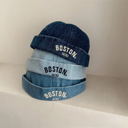 Washed Denim Baby Brimless Hat Adjustable Letter Embroidered Children Melon Beanie Solid Color Drawstring Closure Landlord Cap