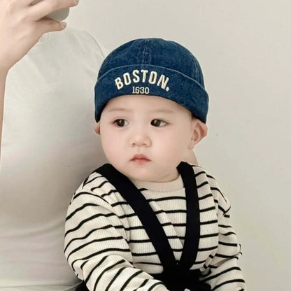 Washed Denim Baby Brimless Hat Adjustable Letter Embroidered Children Melon Beanie Solid Color Drawstring Closure Landlord Cap