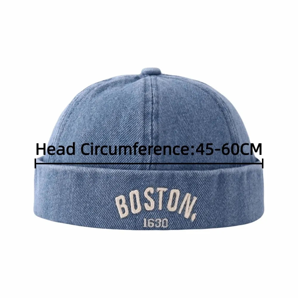 Washed Denim Baby Brimless Hat Adjustable Letter Embroidered Children Melon Beanie Solid Color Drawstring Closure Landlord Cap