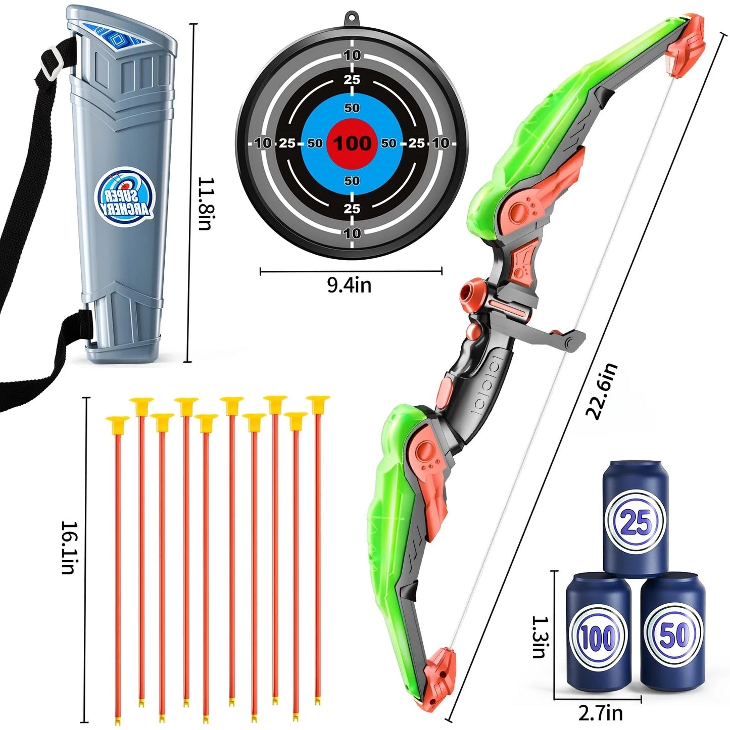 LED Light-Up Kids Archery Set — 10 Suction Arrows, Target & Quiver (Ages 4–12)
