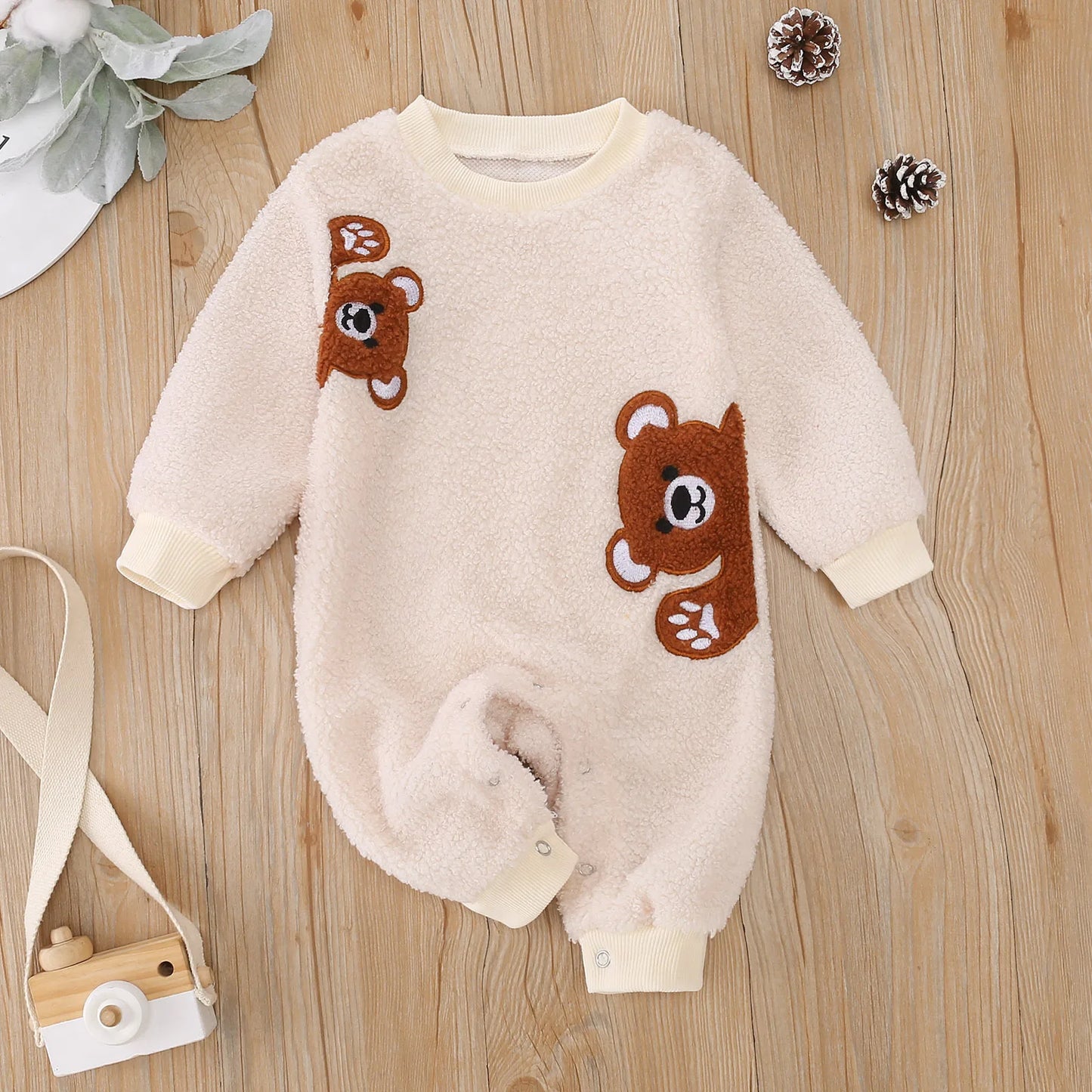 Bear Embroidered Plush Baby Onesie