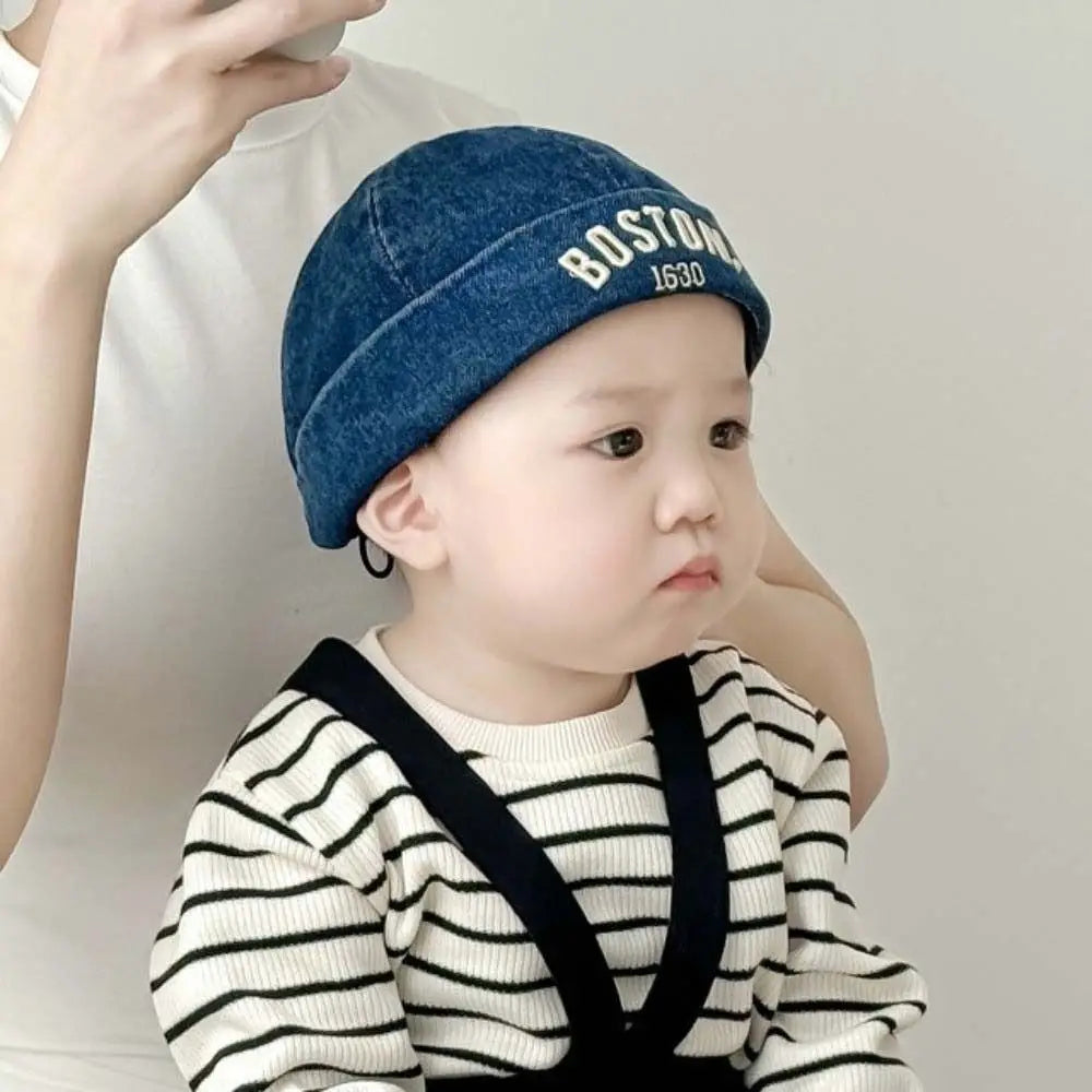 Washed Denim Baby Brimless Hat Adjustable Letter Embroidered Children Melon Beanie Solid Color Drawstring Closure Landlord Cap