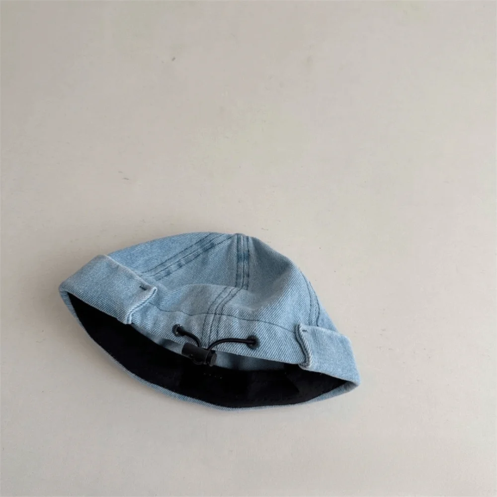 Washed Denim Baby Brimless Hat Adjustable Letter Embroidered Children Melon Beanie Solid Color Drawstring Closure Landlord Cap
