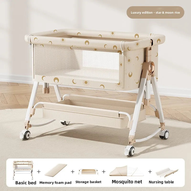 Gray portable folding travel crib with mesh sides and zip carry bag