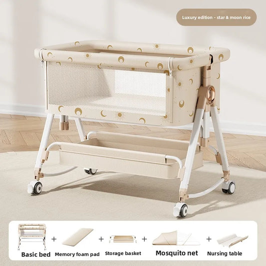 Gray portable folding travel crib with mesh sides and zip carry bag
