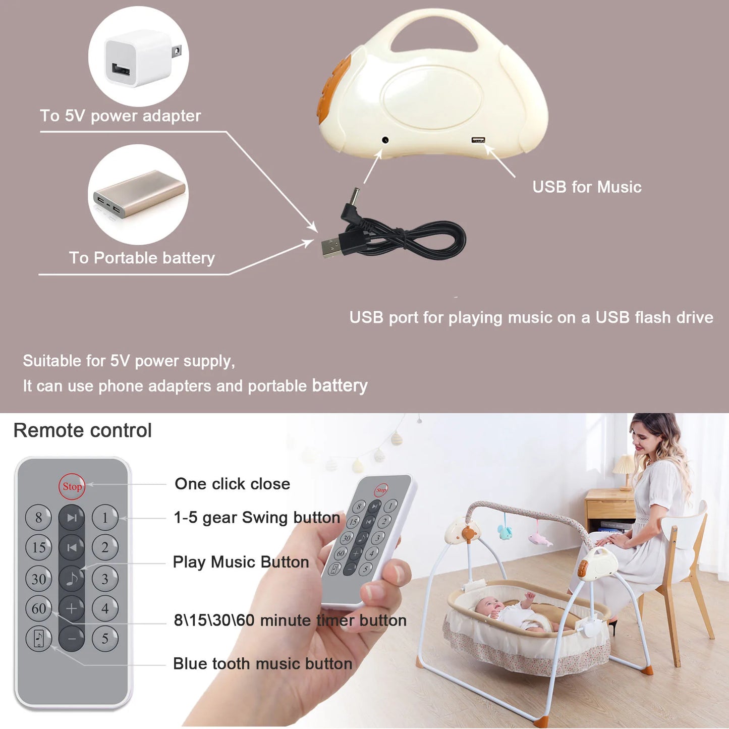 Electric Baby Swing Cradle — 5 Speeds, Bluetooth Lullabies, Remote