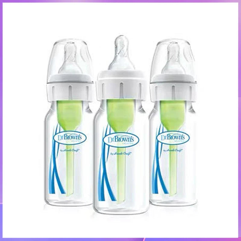 Three clear anti-colic baby bottles in 2oz, 4oz and 8oz sizes