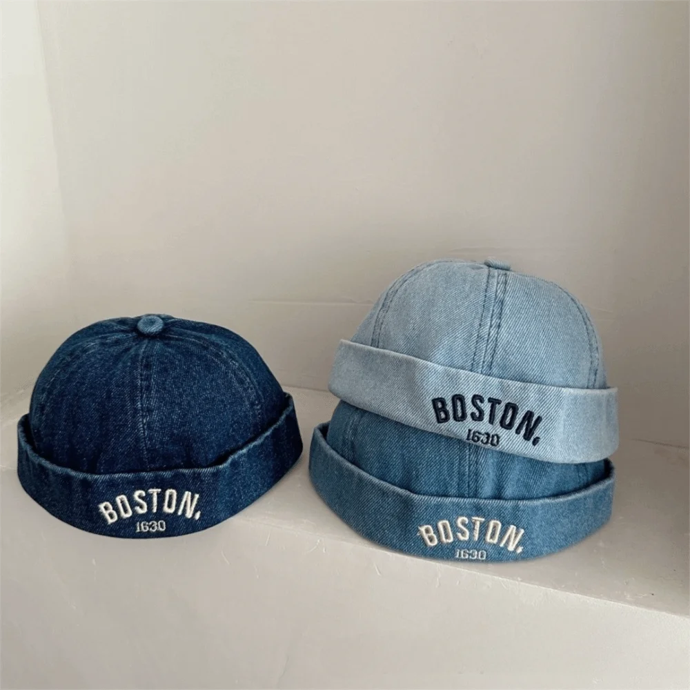 Washed Denim Baby Brimless Hat Adjustable Letter Embroidered Children Melon Beanie Solid Color Drawstring Closure Landlord Cap