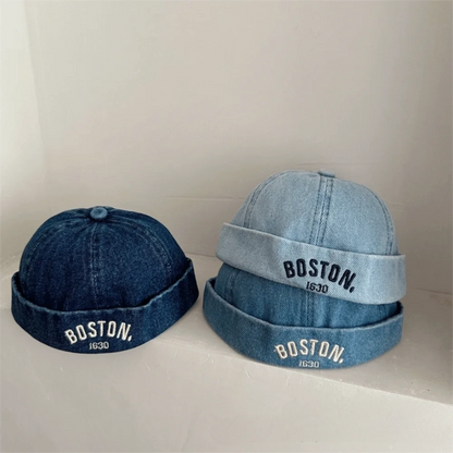 Washed Denim Baby Brimless Hat Adjustable Letter Embroidered Children Melon Beanie Solid Color Drawstring Closure Landlord Cap